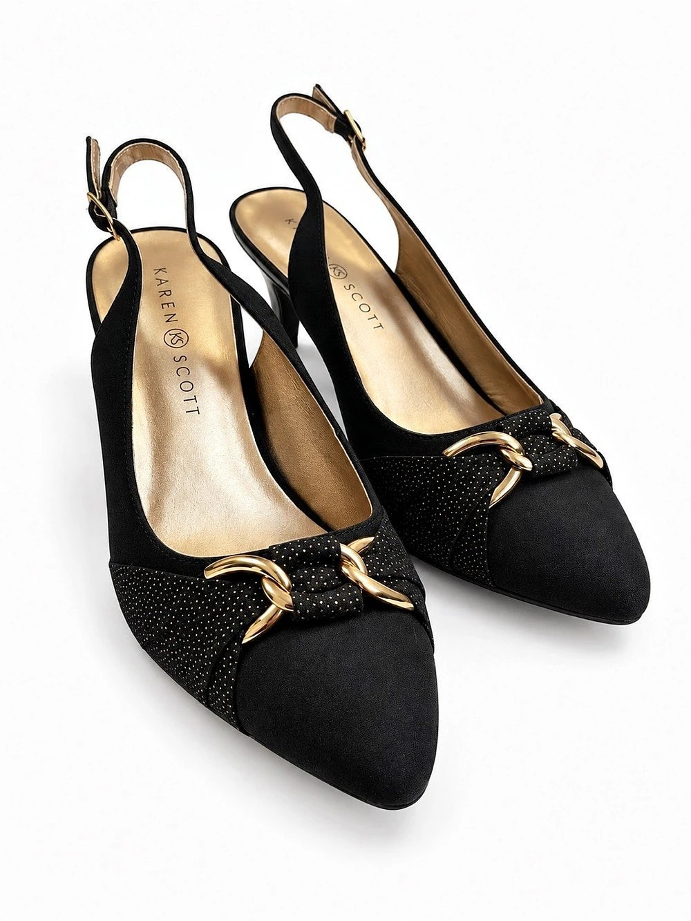 Karen Scott Black Slingback Heels Women’s 9W Wide Gold Chain Pointed Toe